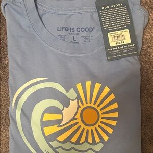 Life Is Good Blue Tee with Sun and Wave Graphic